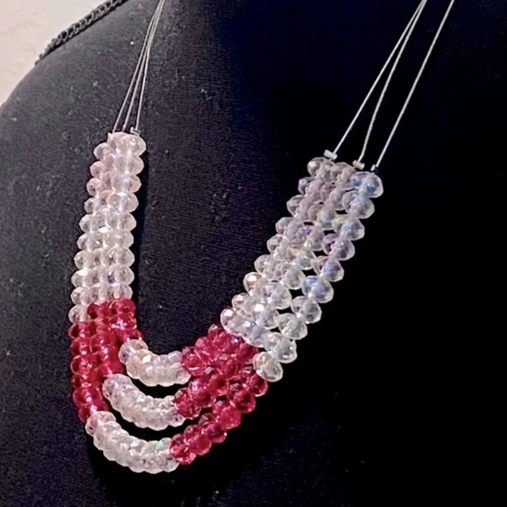 Silver “Invisible” Necklace With White And Hot Pink Beads - Picture 4 of 16